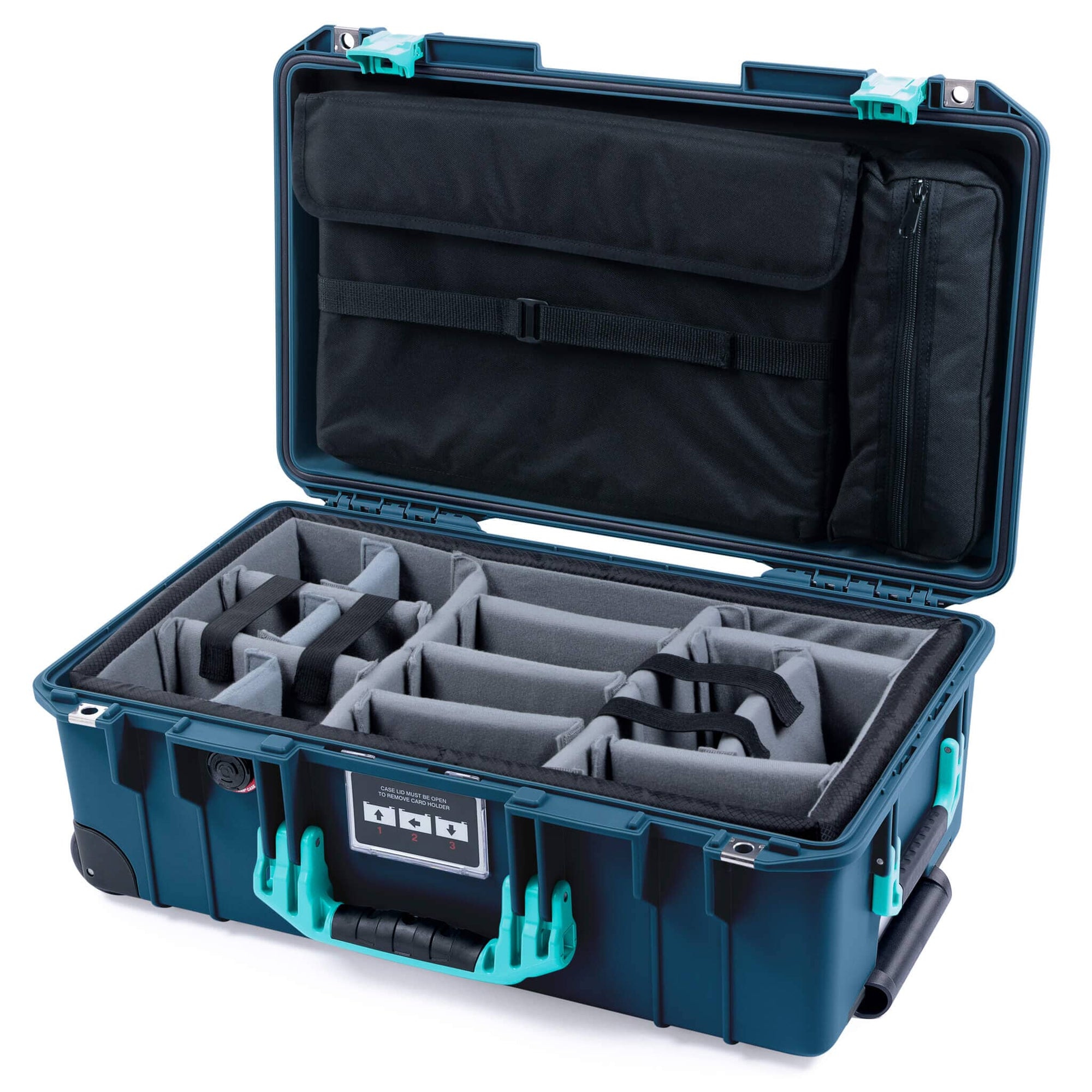 Pelican 1535 Air Case, Deep Pacific with Teal Handles & Latches Gray Padded Microfiber Dividers with Laptop Computer Lid Pouch ColorCase 015350-0270-550-591
