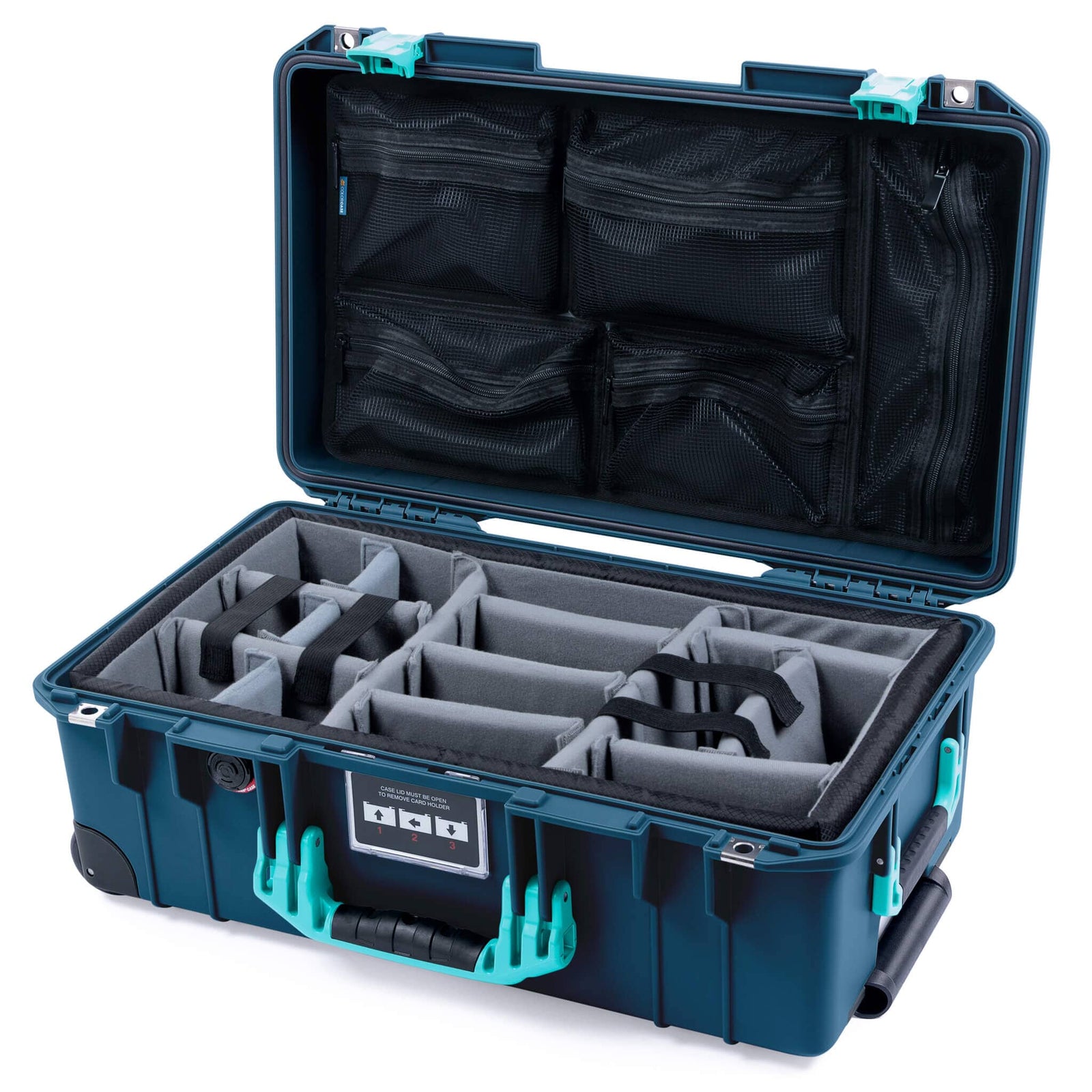Pelican 1535 Air Case, Deep Pacific with Teal Handles & Latches Gray Padded Microfiber Dividers with Mesh Lid Organizer ColorCase 015350-0170-550-591