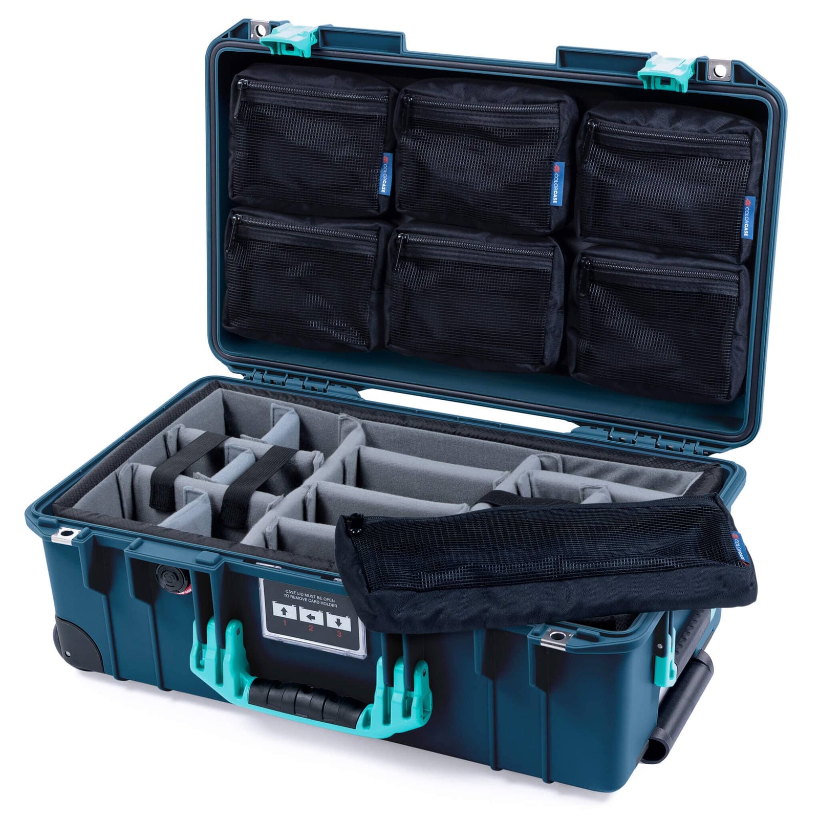 Pelican 1535 Air Case, Deep Pacific with Teal Handles & Latches Gray Padded Microfiber Dividers with 7-Piece Removable Mesh Pouches ColorCase 015350-0770-550-591