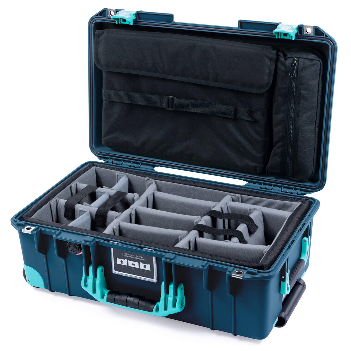 Pelican 1535 Air Case, Deep Pacific with Teal Handles, Latches &amp; Trolley Gray Padded Microfiber Dividers with Laptop Computer Lid Pouch ColorCase 015350-0270-550-591-590