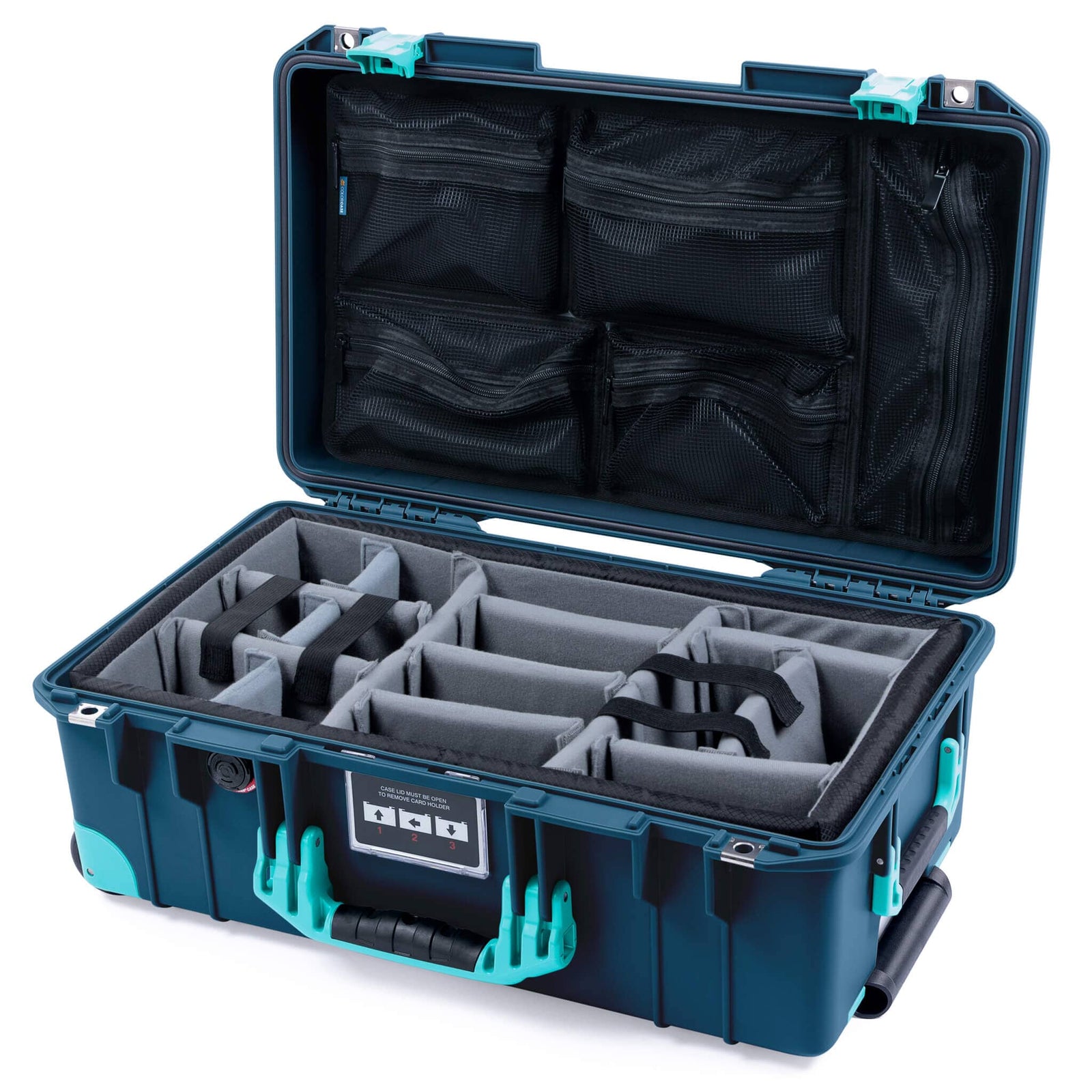 Pelican 1535 Air Case, Deep Pacific with Teal Handles, Latches & Trolley Gray Padded Microfiber Dividers with Mesh Lid Organizer ColorCase 015350-0170-550-591-590