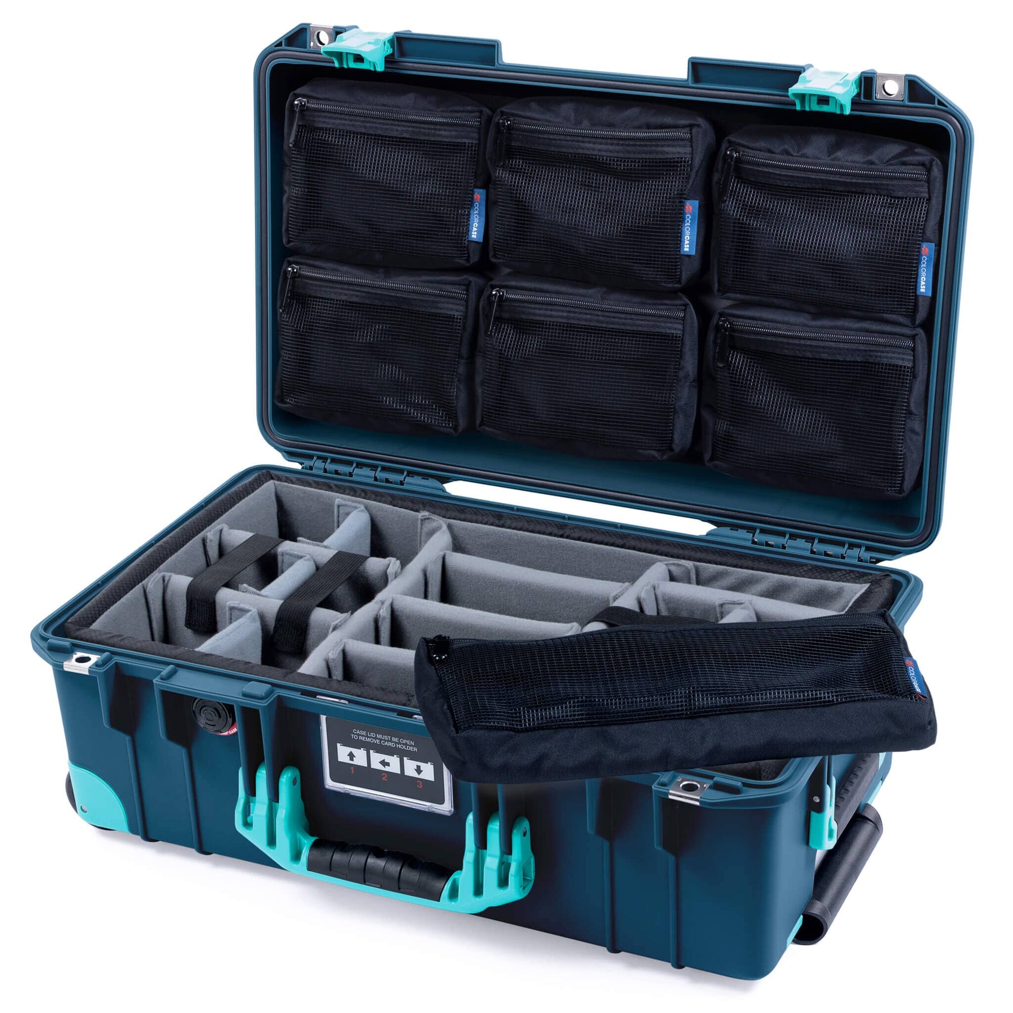 Pelican 1535 Air Case, Deep Pacific with Teal Handles, Latches & Trolley Gray Padded Microfiber Dividers with 7-Piece Removable Mesh Pouches ColorCase 015350-0770-550-591-590