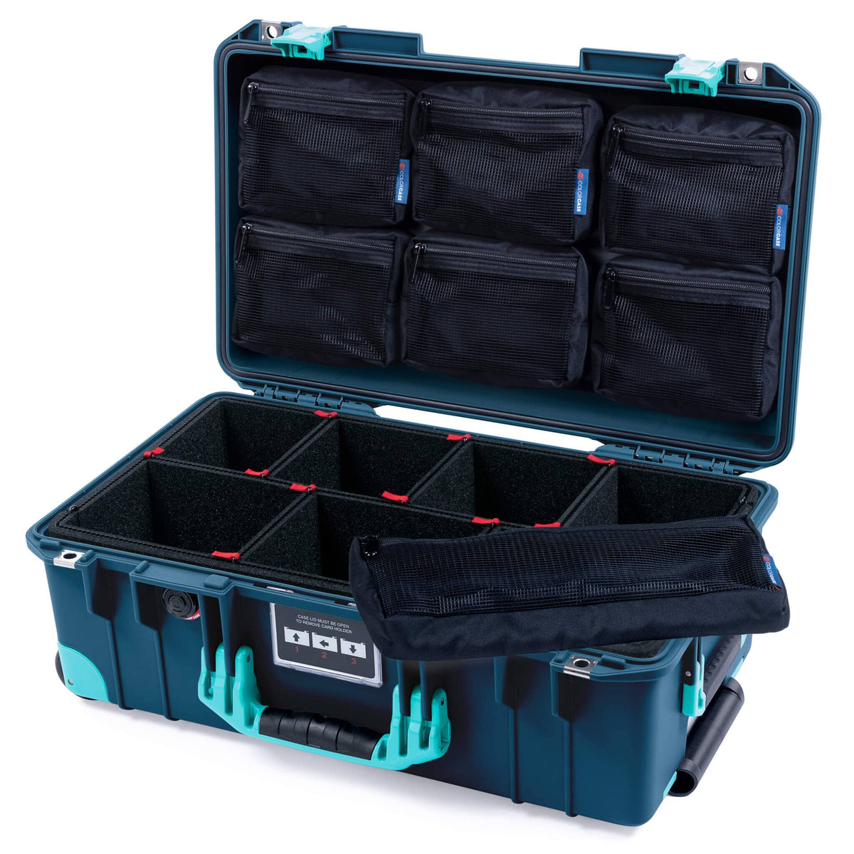Pelican 1535 Air Case, Deep Pacific with Teal Handles, Latches &amp; Trolley TrekPak Divider System with 7-Piece Removable Mesh Pouches ColorCase 015350-0720-550-591-590
