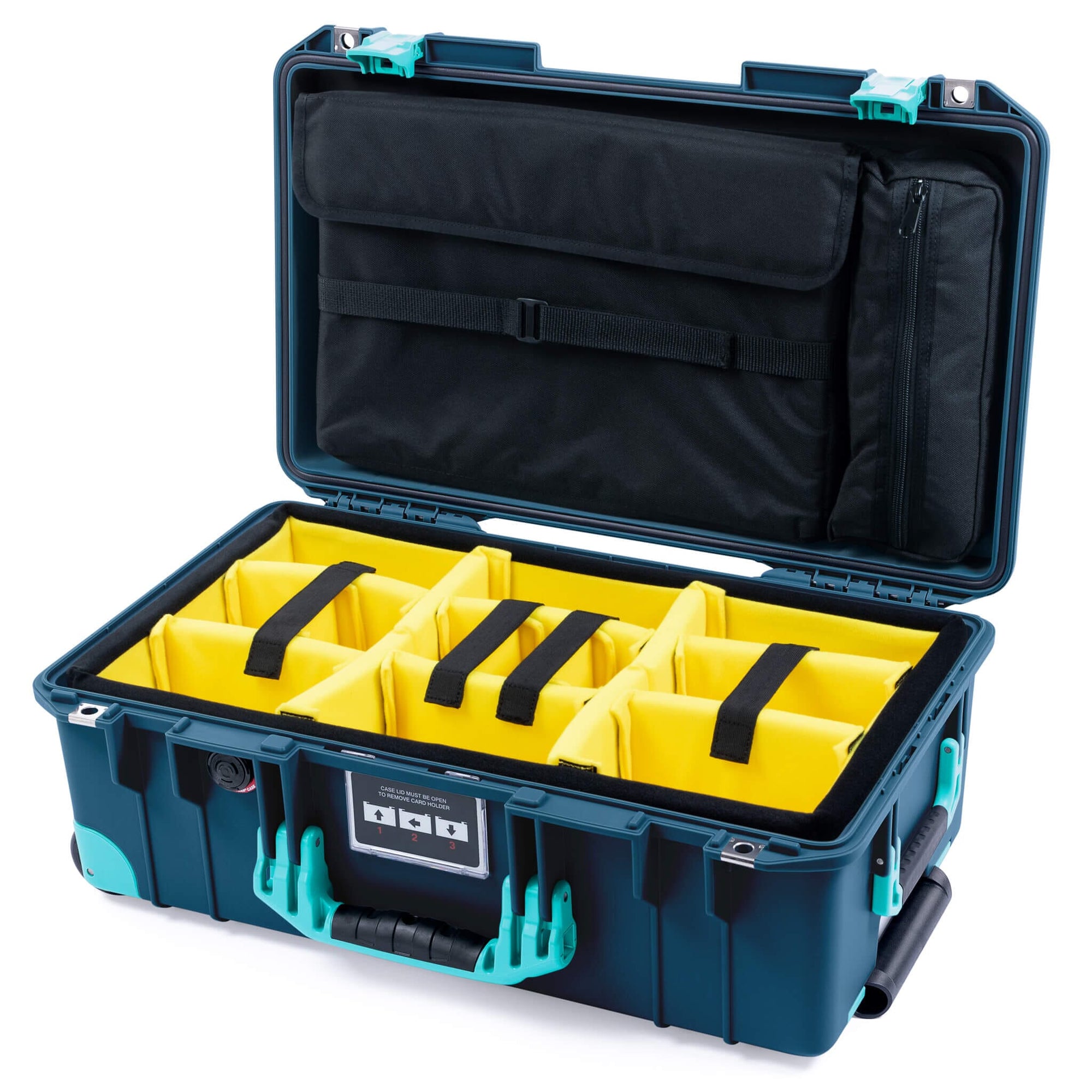 Pelican 1535 Air Case, Deep Pacific with Teal Handles, Latches & Trolley Yellow Padded Microfiber Dividers with Laptop Computer Lid Pouch ColorCase 015350-0210-550-591-590