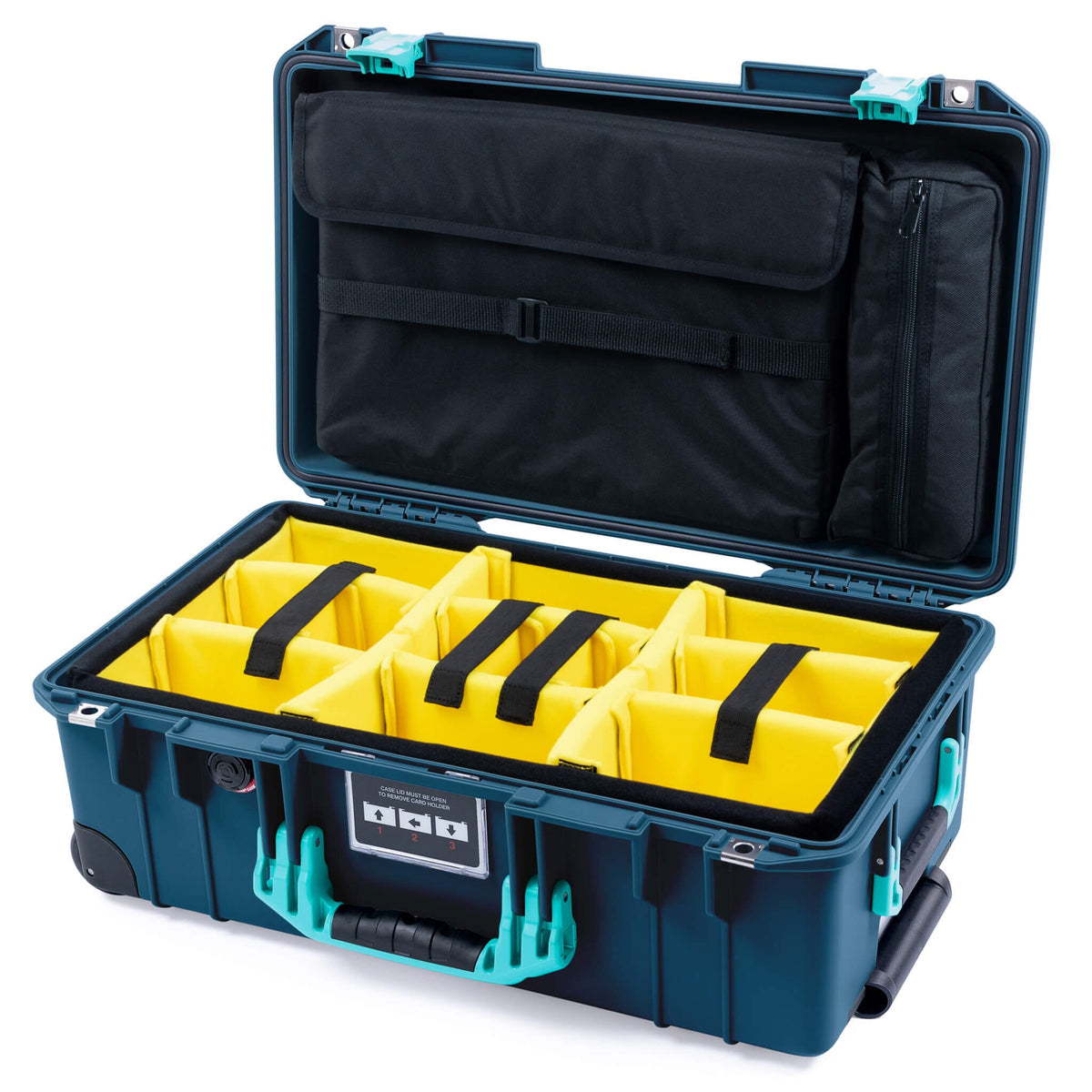 Pelican 1535 Air Case, Deep Pacific with Teal Handles &amp; Latches Yellow Padded Microfiber Dividers with Laptop Computer Lid Pouch ColorCase 015350-0210-550-591