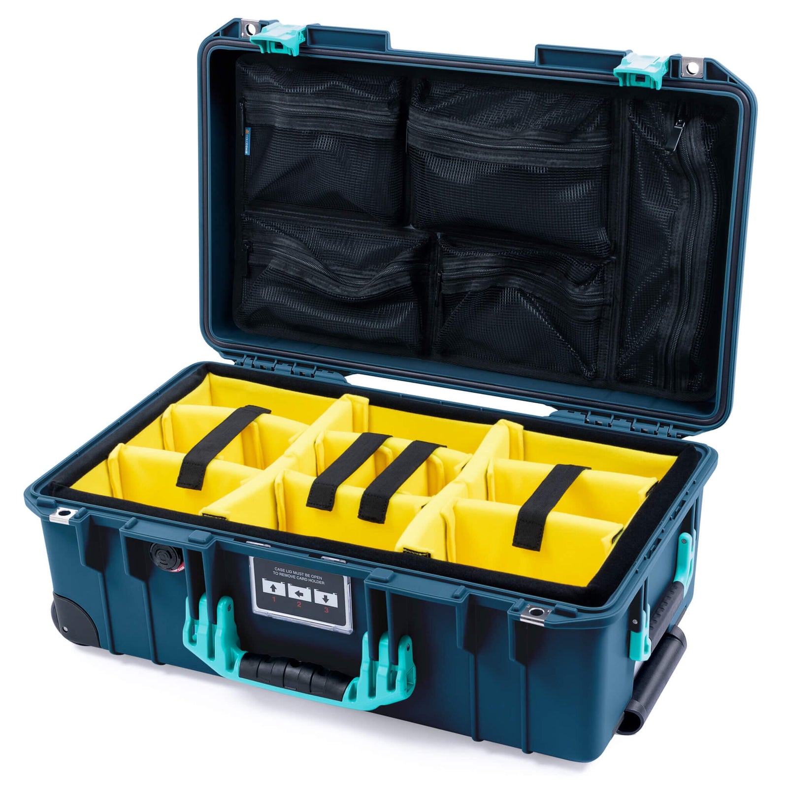Pelican 1535 Air Case, Deep Pacific with Teal Handles & Latches Yellow Padded Microfiber Dividers with Mesh Lid Organizer ColorCase 015350-0110-550-591