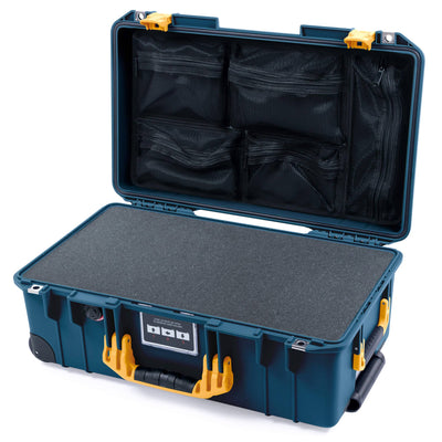 Pelican 1535 Air Case, Deep Pacific with Yellow Handles & Push-Button Latches Pick & Pluck Foam with Mesh Lid Organizer ColorCase 015350-0101-550-241