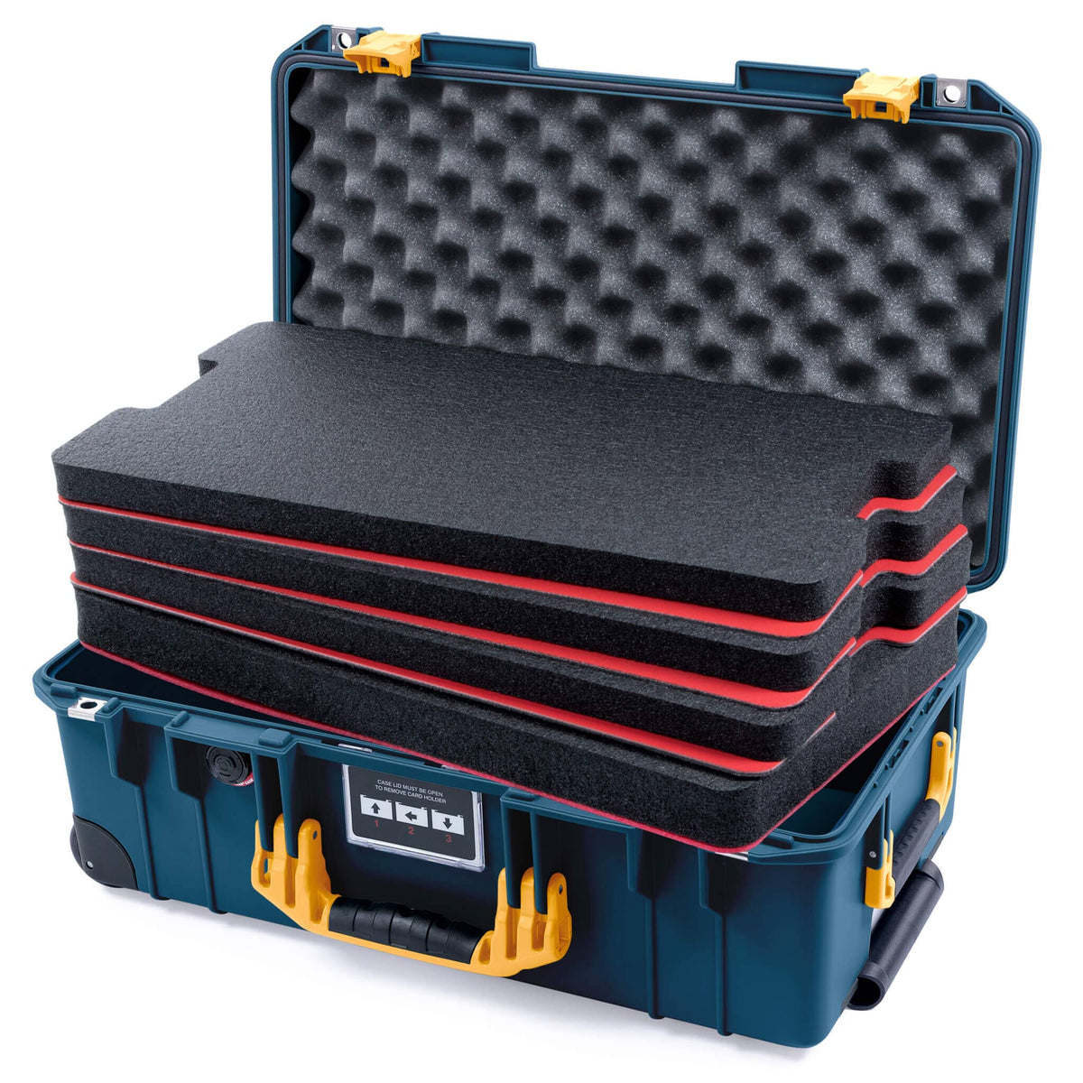 Pelican 1535 Air Case, Deep Pacific with Yellow Handles &amp; Push-Button Latches Custom Tool Kit (4 Foam Inserts with Convolute Lid Foam) ColorCase 015350-0060-550-241