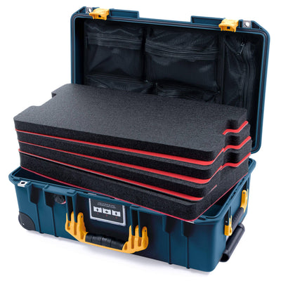Pelican 1535 Air Case, Deep Pacific with Yellow Handles & Push-Button Latches Custom Tool Kit (4 Foam Inserts with Mesh Lid Organizer) ColorCase 015350-0160-550-241
