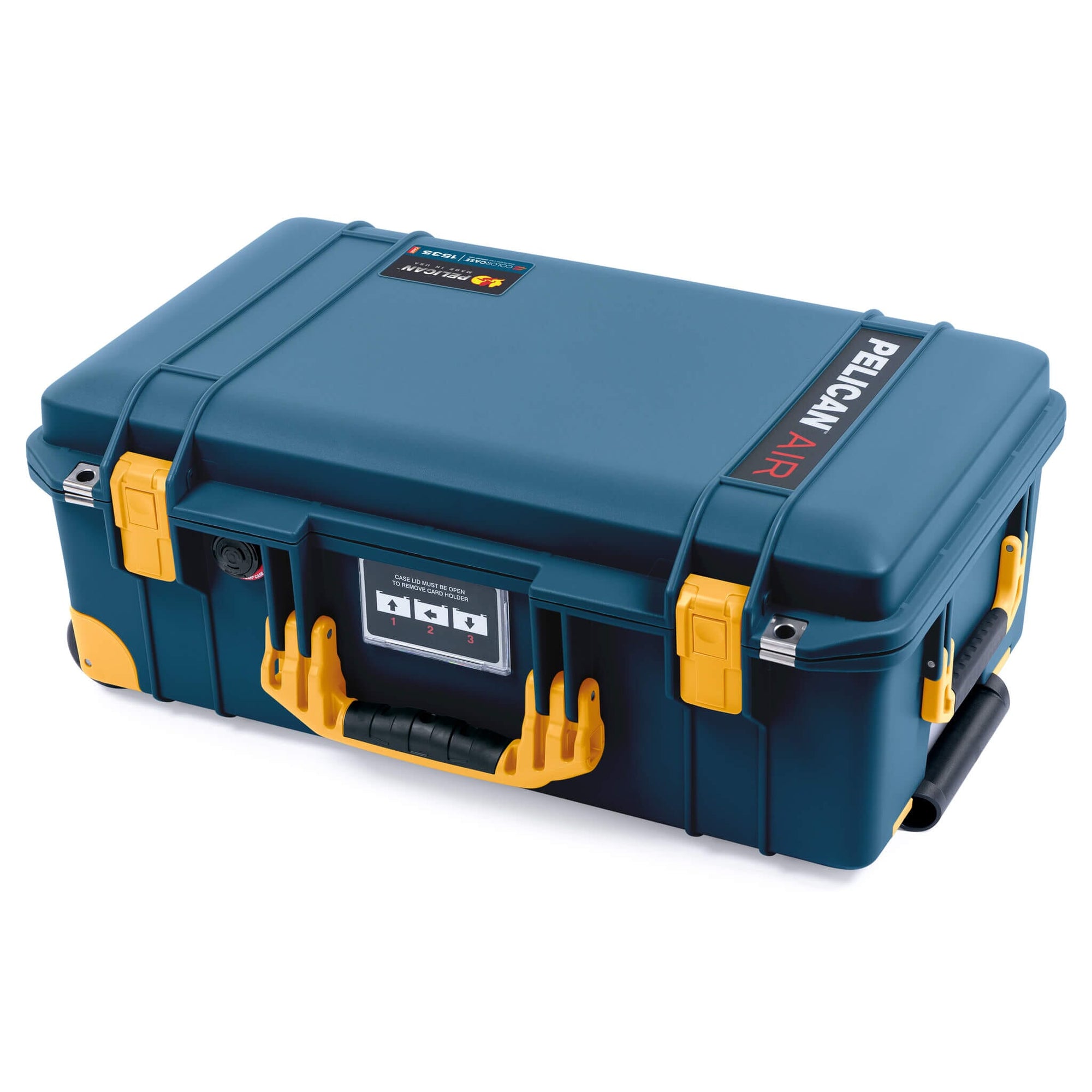 Pelican 1535 Air Case, Deep Pacific with Yellow Handles, Push-Button Latches & Trolley ColorCase 