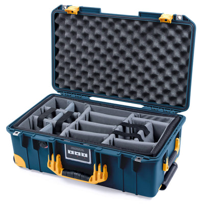 Pelican 1535 Air Case, Deep Pacific with Yellow Handles, Push-Button Latches & Trolley Gray Padded Microfiber Dividers with Convolute Lid Foam ColorCase 015350-0070-550-241-240