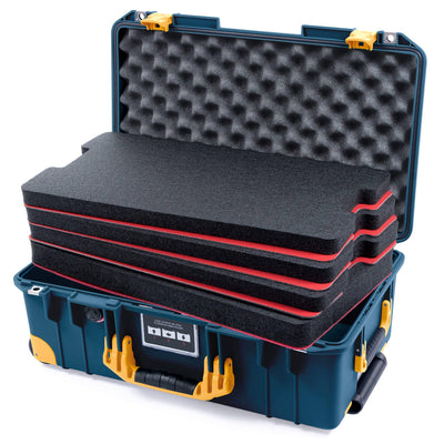 Pelican 1535 Air Case, Deep Pacific with Yellow Handles, Push-Button Latches & Trolley Custom Tool Kit (4 Foam Inserts with Convolute Lid Foam) ColorCase 015350-0060-550-241-240