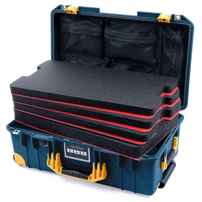 Pelican 1535 Air Case, Deep Pacific with Yellow Handles, Push-Button Latches & Trolley Custom Tool Kit (4 Foam Inserts with Mesh Lid Organizer) ColorCase 015350-0160-550-241-240