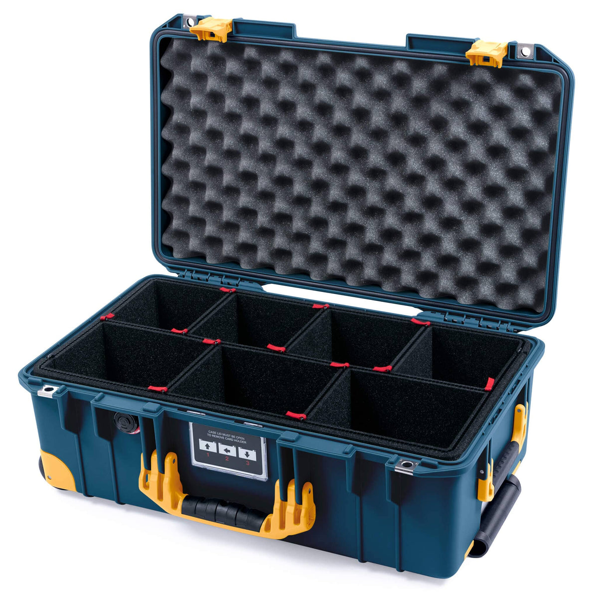 Pelican 1535 Air Case, Deep Pacific with Yellow Handles, Push-Button Latches &amp; Trolley TrekPak Divider System with Convolute Lid Foam ColorCase 015350-0020-550-241-240