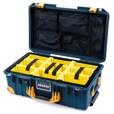 Pelican 1535 Air Case, Deep Pacific with Yellow Handles, Push-Button Latches & Trolley Yellow Padded Microfiber Dividers with Mesh Lid Organizer ColorCase 015350-0110-550-241-240