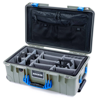 Pelican 1535 Air Case, Sage with Blue Handles & Latches Gray Padded Microfiber Dividers with TRVL Lid Organizer ColorCase 015350-0370-350-121