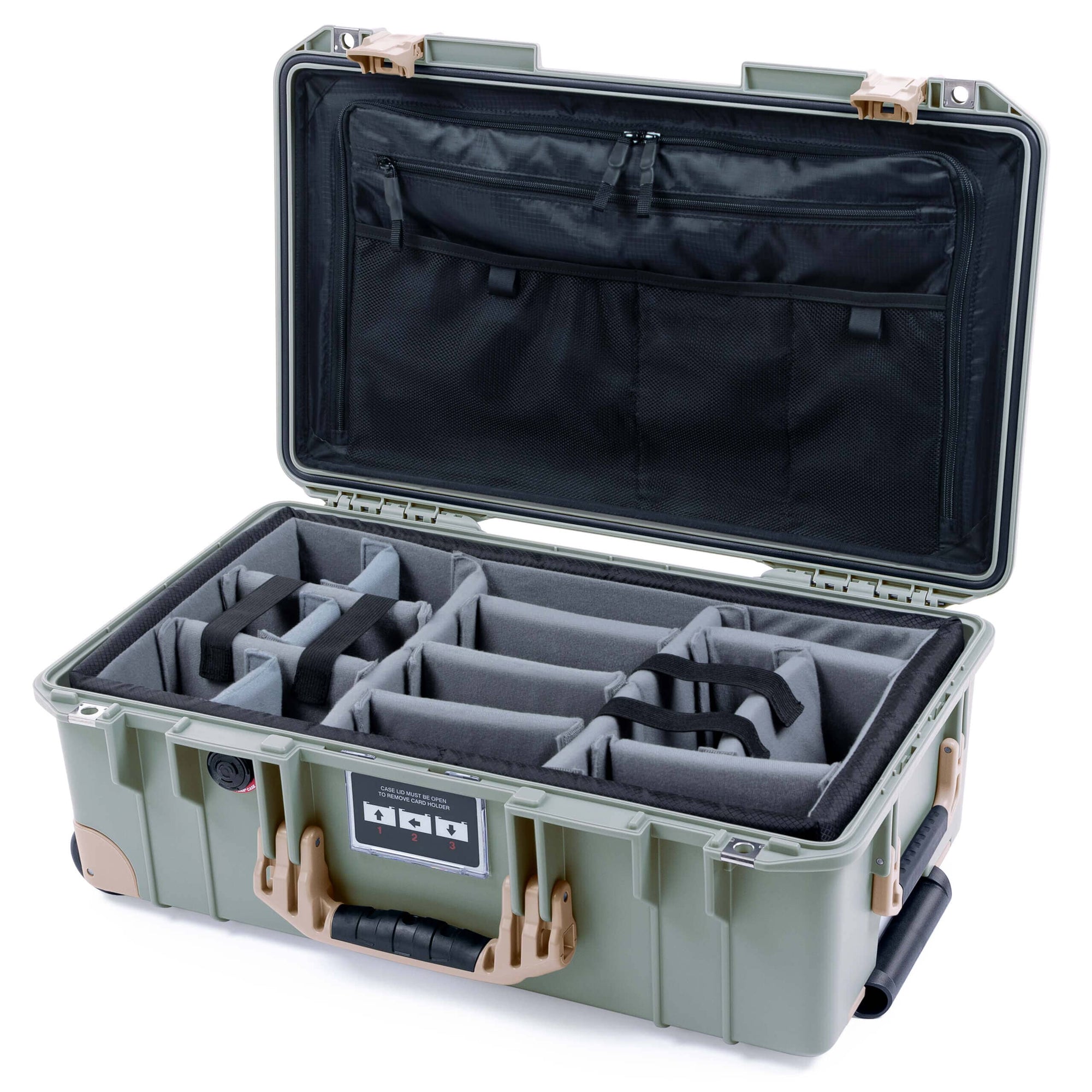 Pelican 1535 Air Case, Sage with Desert Tan Handles, Latches & Trolley Gray Padded Microfiber Dividers with TRVL Lid Organizer ColorCase 015350-0370-350-311-310