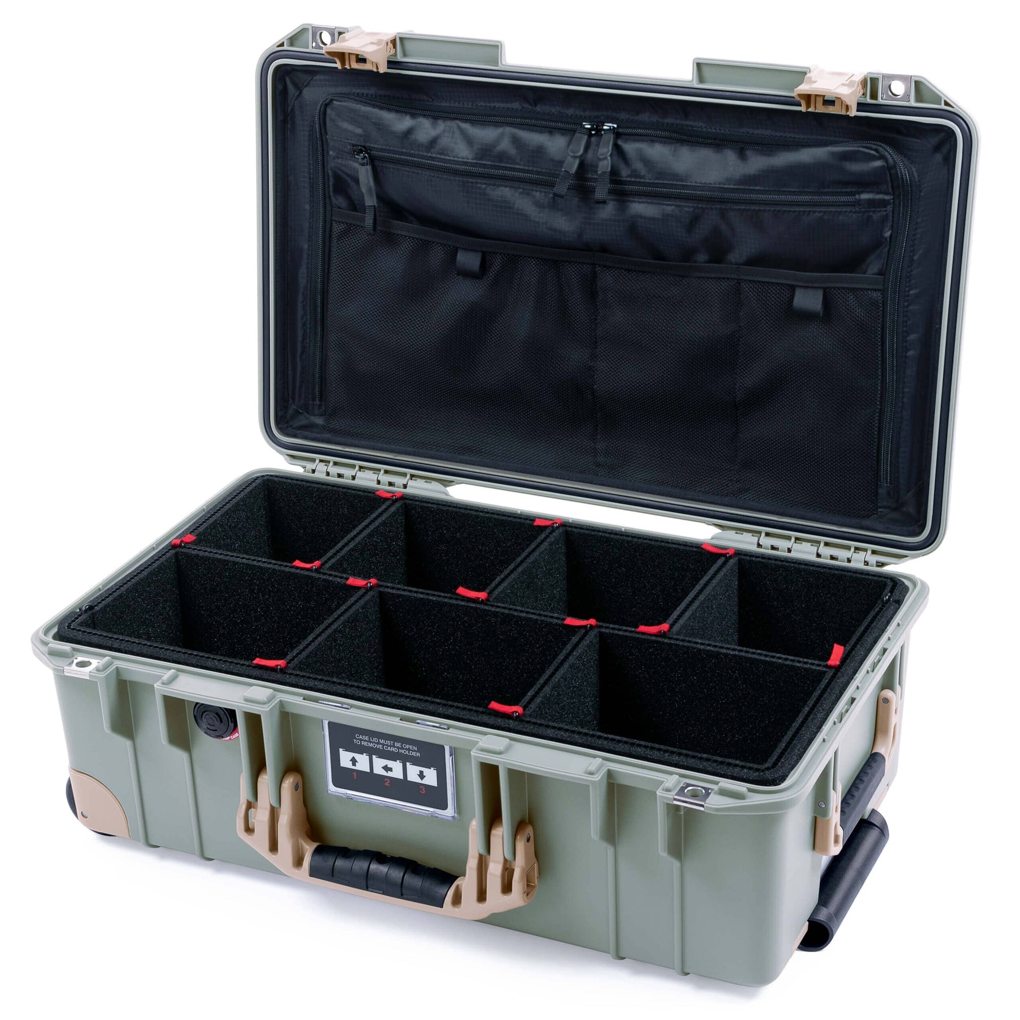 Pelican 1535 Air Case, Sage with Desert Tan Handles, Latches & Trolley TrekPak Divider System with TRVL Lid Organizer ColorCase 015350-0320-350-311-310