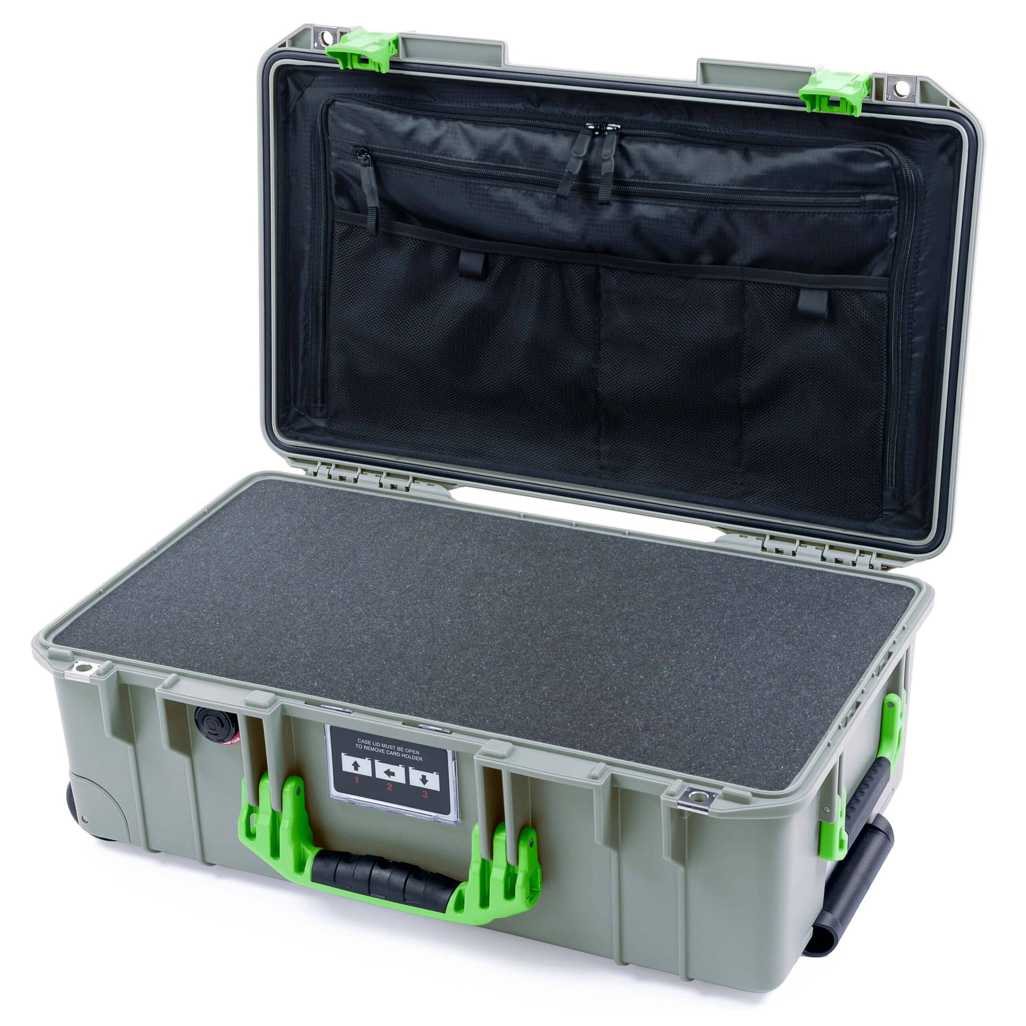 Pelican 1535 Air Case, Sage with Lime Green Handles & Latches Pick & Pluck Foam with TRVL Lid Organizer ColorCase 015350-0301-350-301