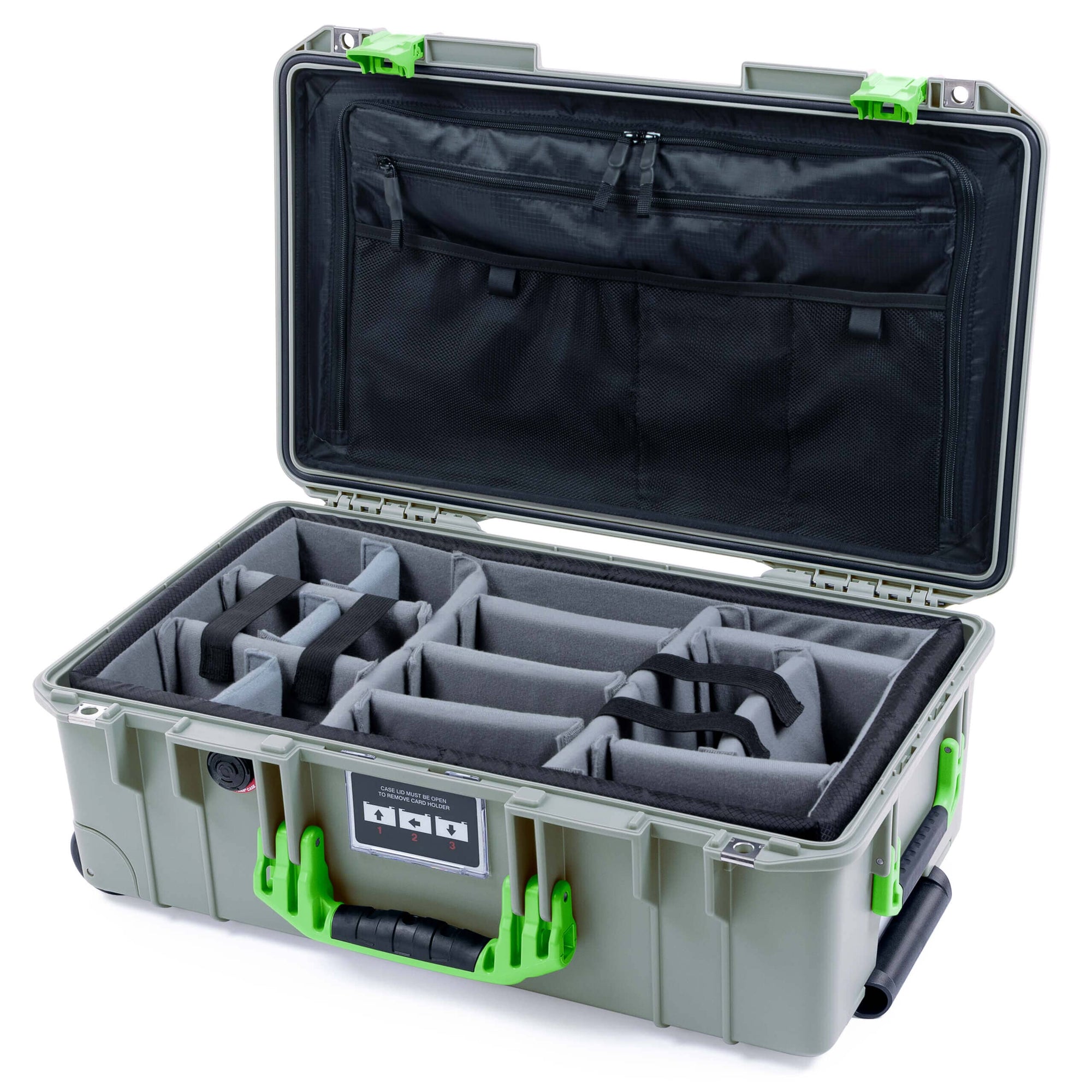 Pelican 1535 Air Case, Sage with Lime Green Handles & Latches Gray Padded Microfiber Dividers with TRVL Lid Organizer ColorCase 015350-0370-350-301