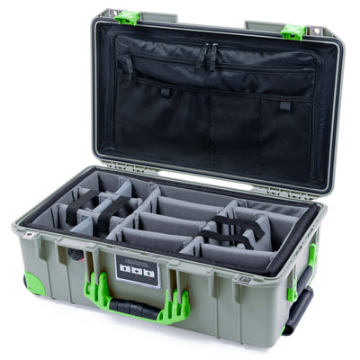 Pelican 1535 Air Case, Sage with Lime Green Handles, Latches & Trolley Gray Padded Microfiber Dividers with TRVL Lid Organizer ColorCase 015350-0370-350-301-300