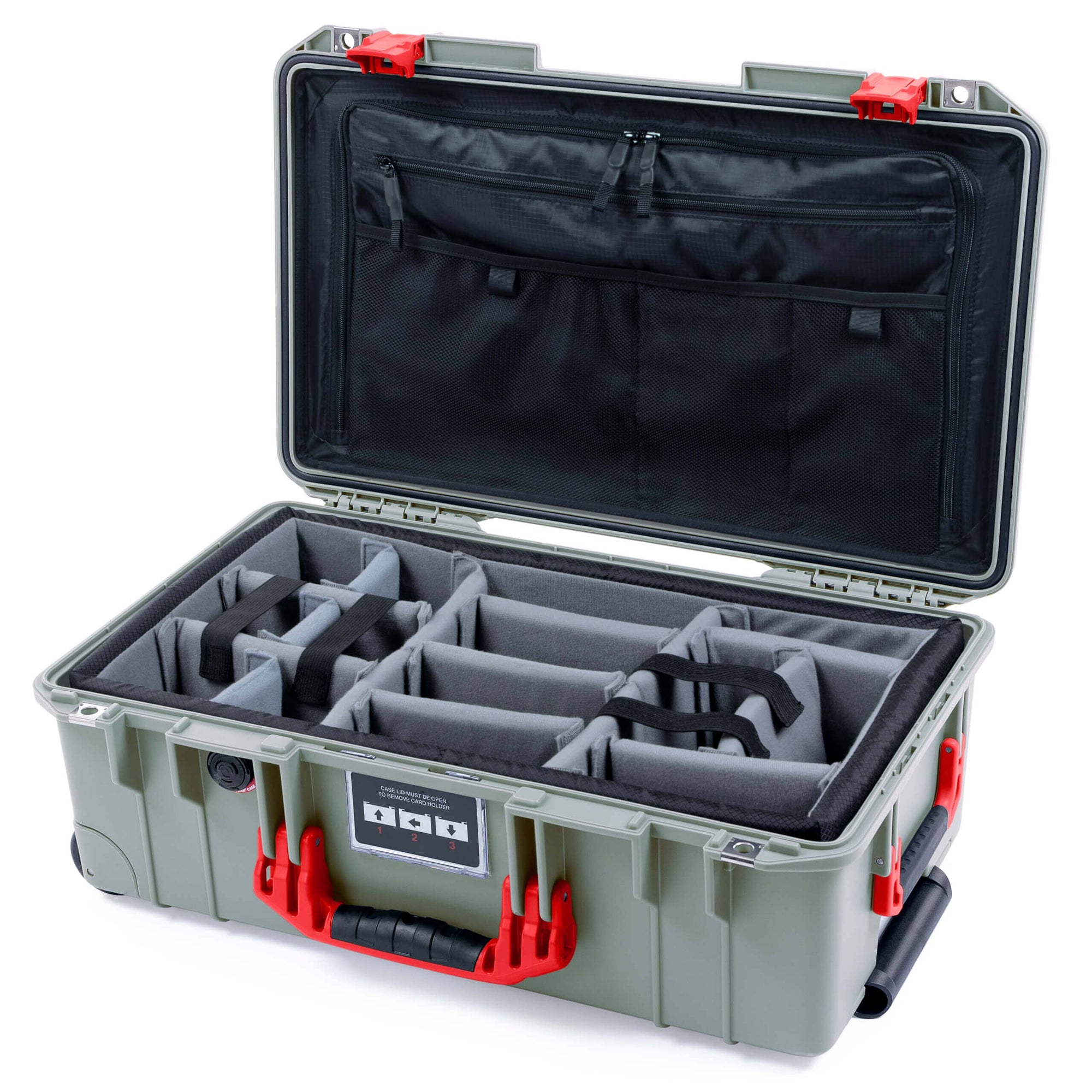Pelican 1535 Air Case, Sage with Red Handles & Latches Gray Padded Microfiber Dividers with TRVL Lid Organizer ColorCase 015350-0370-350-321