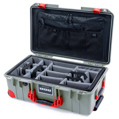 Pelican 1535 Air Case, Sage with Red Handles, Latches & Trolley Gray Padded Microfiber Dividers with TRVL Lid Organizer ColorCase 015350-0370-350-321-320