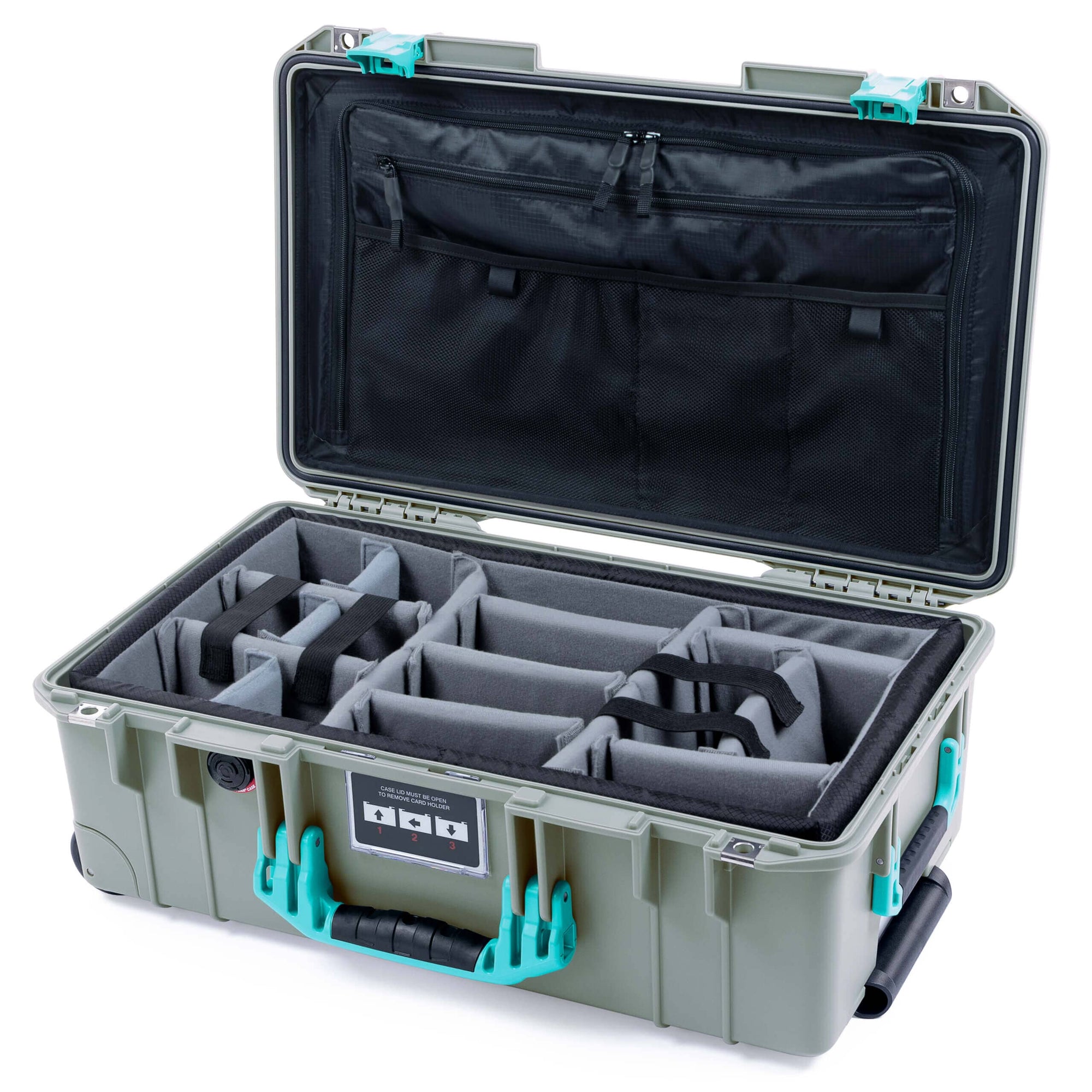 Pelican 1535 Air Case, Sage with Teal Handles & Latches Gray Padded Microfiber Dividers with TRVL Lid Organizer ColorCase 015350-0370-350-591