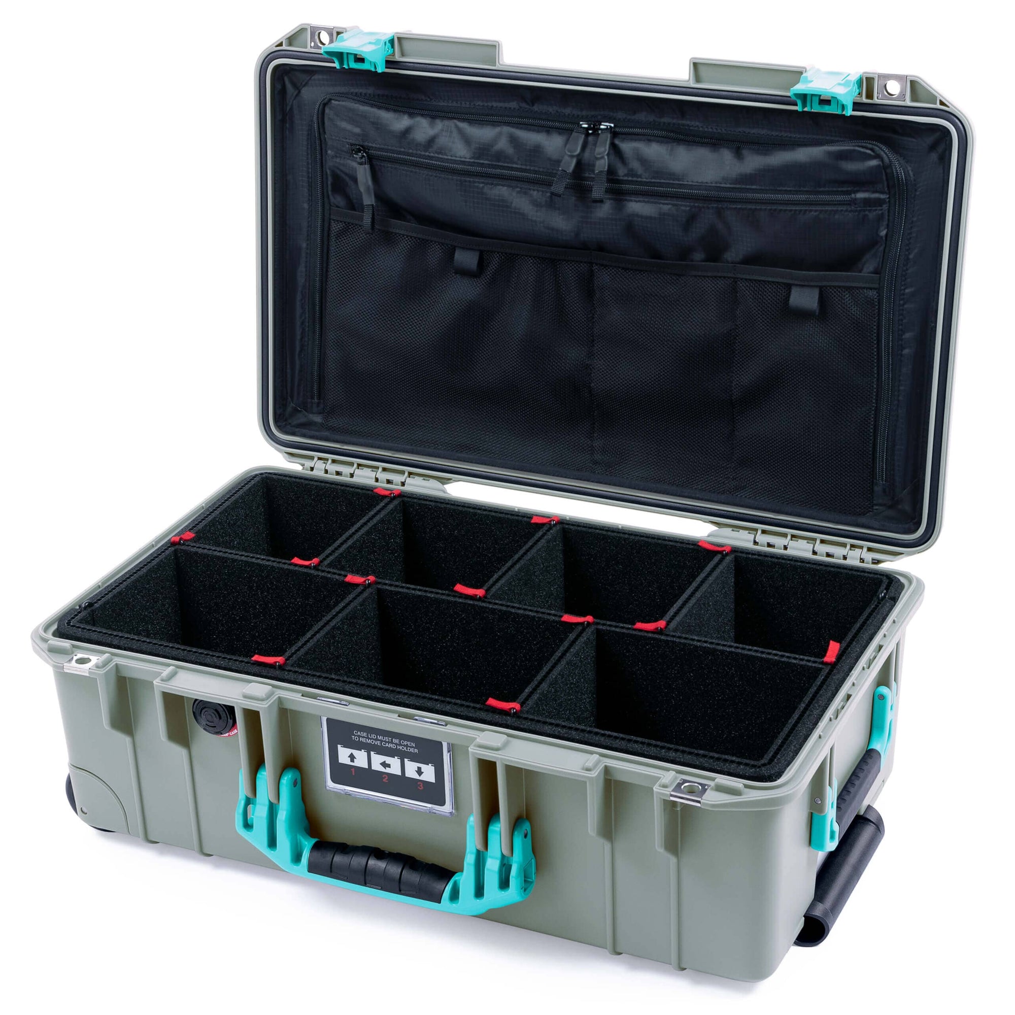 Pelican 1535 Air Case, Sage with Teal Handles & Latches TrekPak Divider System with TRVL Lid Organizer ColorCase 015350-0320-350-591