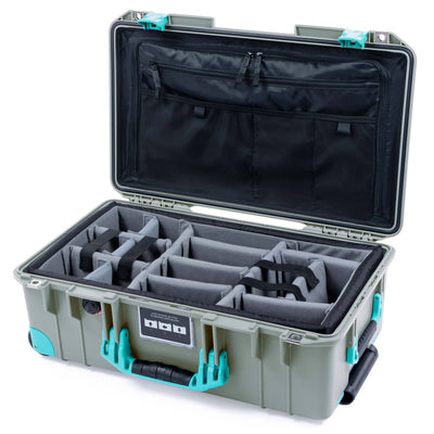 Pelican 1535 Air Case, Sage with Teal Handles, Latches & Trolley Gray Padded Microfiber Dividers with TRVL Lid Organizer ColorCase 015350-0370-350-591-590