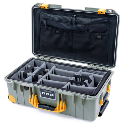 Pelican 1535 Air Case, Sage with Yellow Handles, Latches & Trolley Gray Padded Microfiber Dividers with TRVL Lid Organizer ColorCase 015350-0370-350-241-240