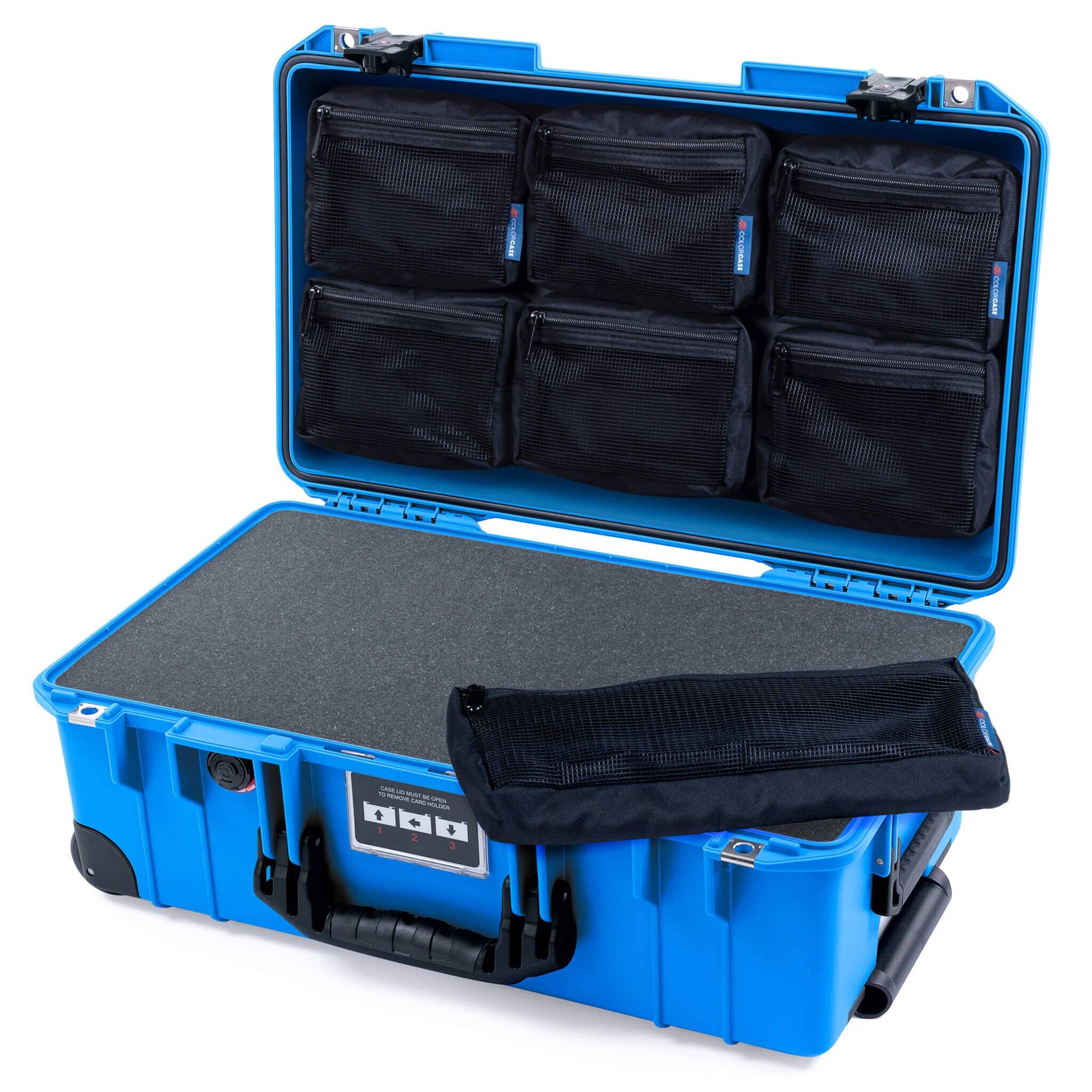 Pelican 1535 Air Case, Electric Blue with Black Handles, TSA Locking Latches & Trolley Pick & Pluck Foam with 7-Piece Removable Mesh Pouches ColorCase 015350-0701-120-L10-110
