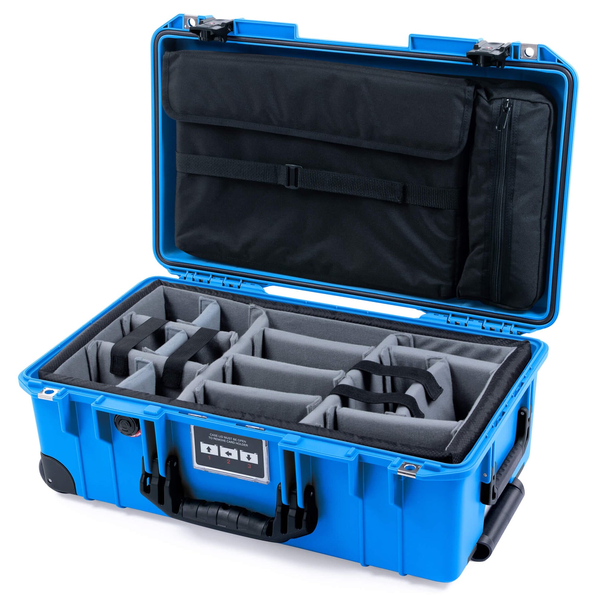 Pelican 1535 Air Case, Electric Blue with Black Handles, TSA Locking Latches & Trolley Gray Padded Microfiber Dividers with Laptop Computer Lid Pouch ColorCase 015350-0270-120-L10-110