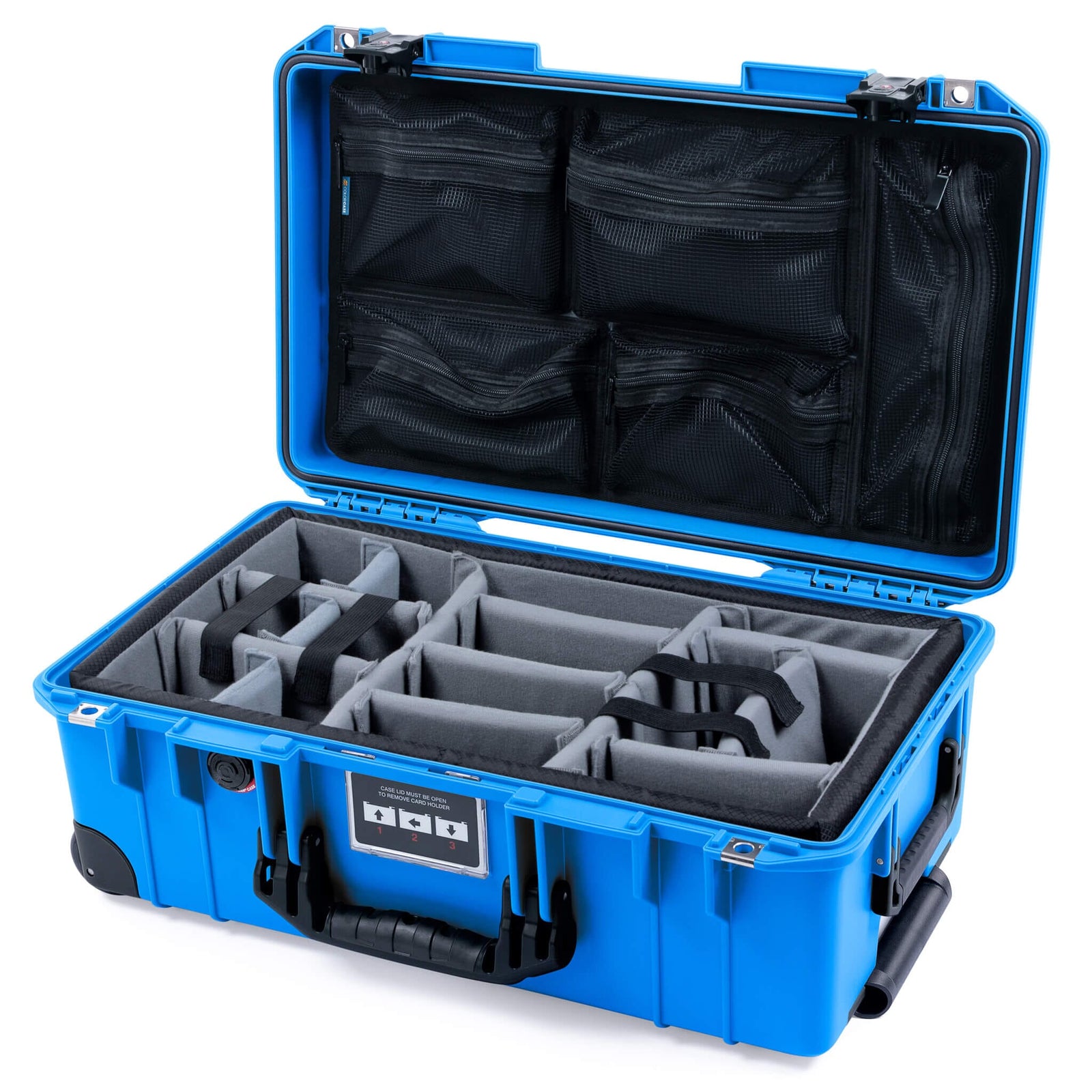 Pelican 1535 Air Case, Electric Blue with Black Handles, TSA Locking Latches & Trolley Gray Padded Microfiber Dividers with Mesh Lid Organizer ColorCase 015350-0170-120-L10-110