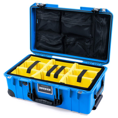 Pelican 1535 Air Case, Electric Blue with Black Handles, TSA Locking Latches & Trolley Yellow Padded Microfiber Dividers with Mesh Lid Organizer ColorCase 015350-0110-120-L10-110