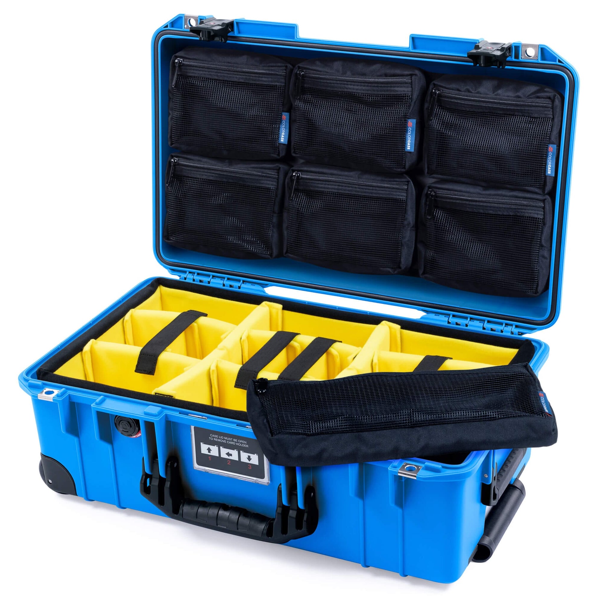 Pelican 1535 Air Case, Electric Blue with Black Handles, TSA Locking Latches & Trolley Yellow Padded Microfiber Dividers with 7-Piece Removable Mesh Pouches ColorCase 015350-0710-120-L10-110