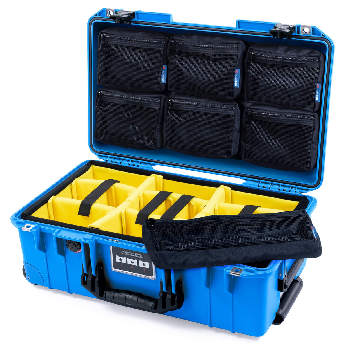 Pelican 1535 Air Case, Electric Blue with Black Handles &amp; TSA Locking Latches Yellow Padded Microfiber Dividers with 7-Piece Removable Mesh Pouches ColorCase 015350-0710-120-L10