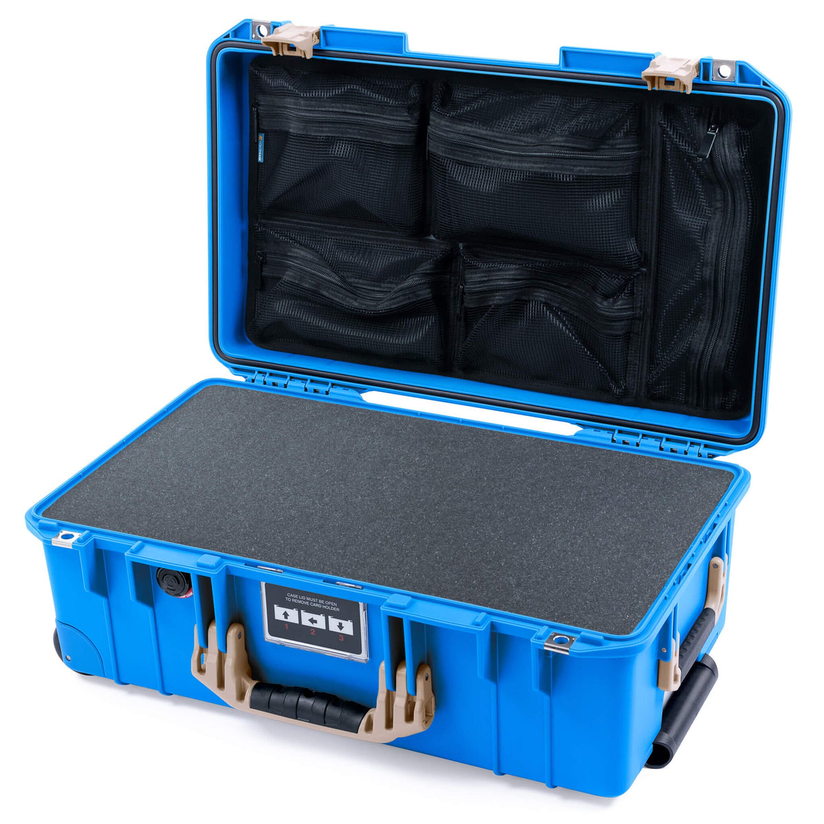 Pelican 1535 Air Case, Electric Blue with Desert Tan Handles &amp; Latches Pick &amp; Pluck Foam with Mesh Lid Organizer ColorCase 015350-0101-120-311