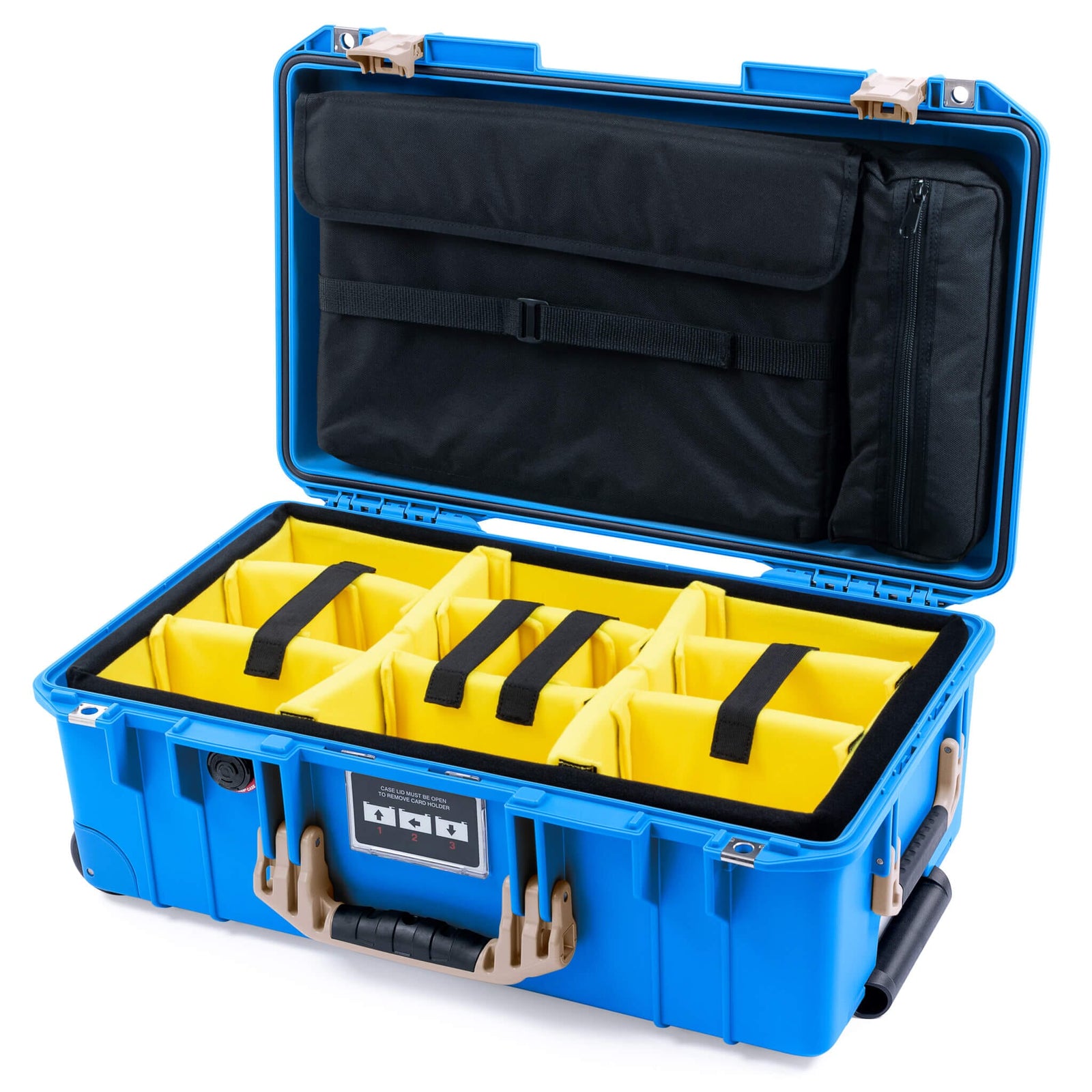 Pelican 1535 Air Case, Electric Blue with Desert Tan Handles & Latches Yellow Padded Microfiber Dividers with Laptop Computer Lid Pouch ColorCase 015350-0210-120-311