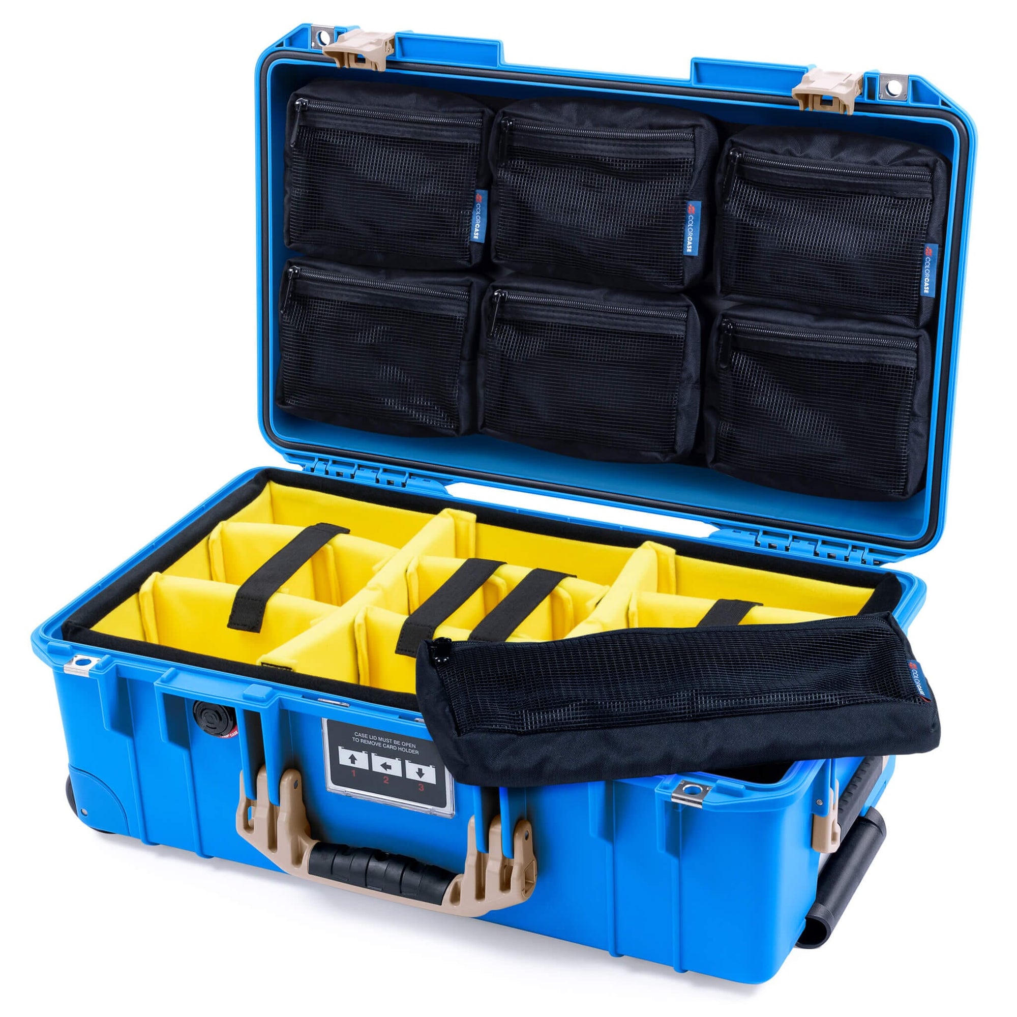 Pelican 1535 Air Case, Electric Blue with Desert Tan Handles & Latches Yellow Padded Microfiber Dividers with 7-Piece Removable Mesh Pouches ColorCase 015350-0710-120-311