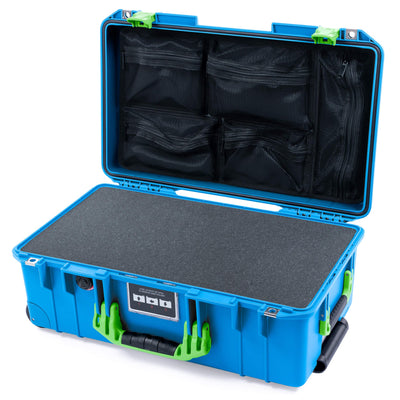 Pelican 1535 Air Case, Electric Blue with Lime Green Handles & Latches Pick & Pluck Foam with Mesh Lid Organizer ColorCase 015350-0101-120-301