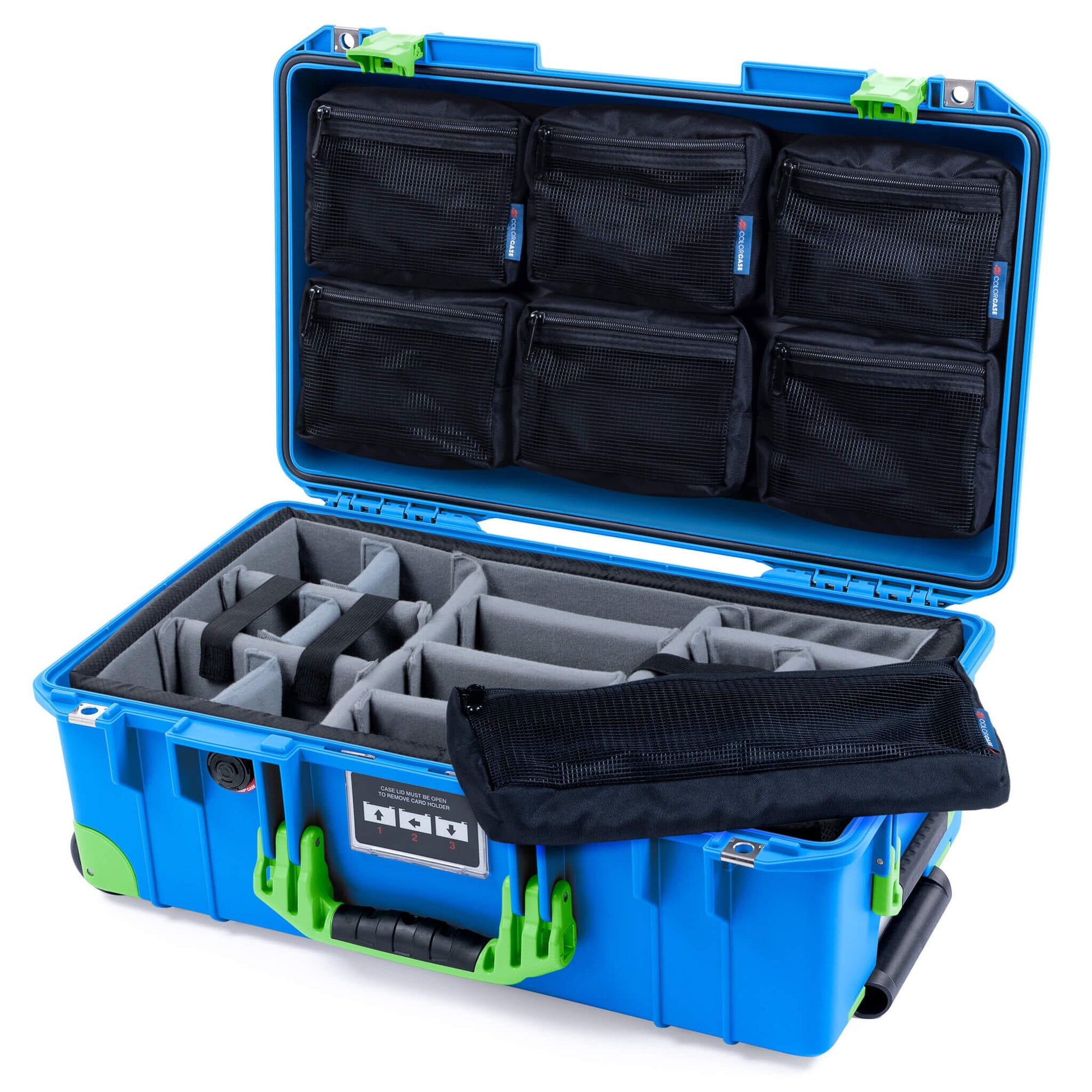 Pelican 1535 Air Case, Electric Blue with Lime Green Handles, Latches & Trolley Gray Padded Microfiber Dividers with 7-Piece Removable Mesh Pouches ColorCase 015350-0770-120-301-300