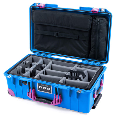 Pelican 1535 Air Case, Electric Blue with Magenta Handles, Latches & Trolley Gray Padded Microfiber Dividers with Laptop Computer Lid Pouch ColorCase 015350-0270-120-401-400