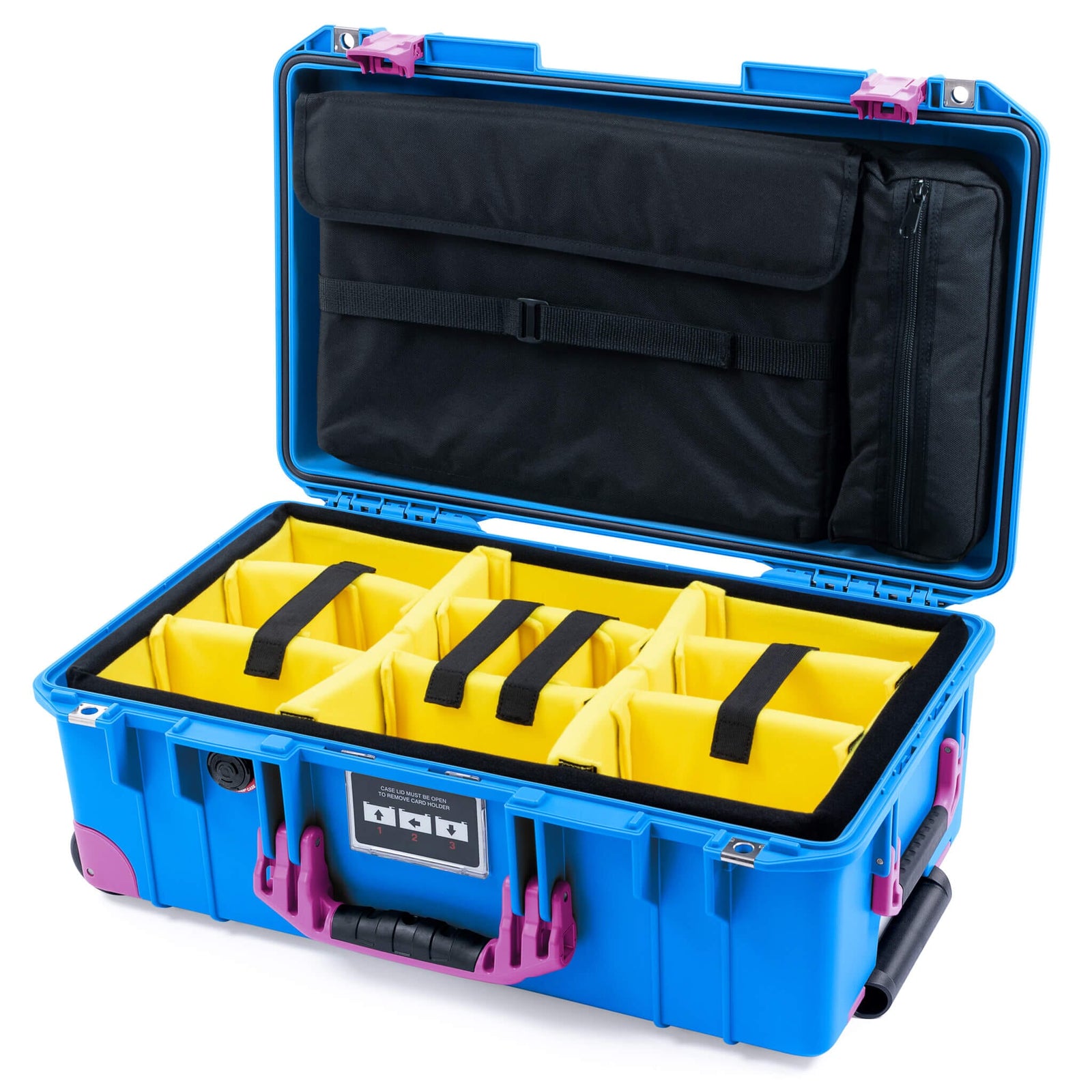 Pelican 1535 Air Case, Electric Blue with Magenta Handles, Latches & Trolley Yellow Padded Microfiber Dividers with Laptop Computer Lid Pouch ColorCase 015350-0210-120-401-400