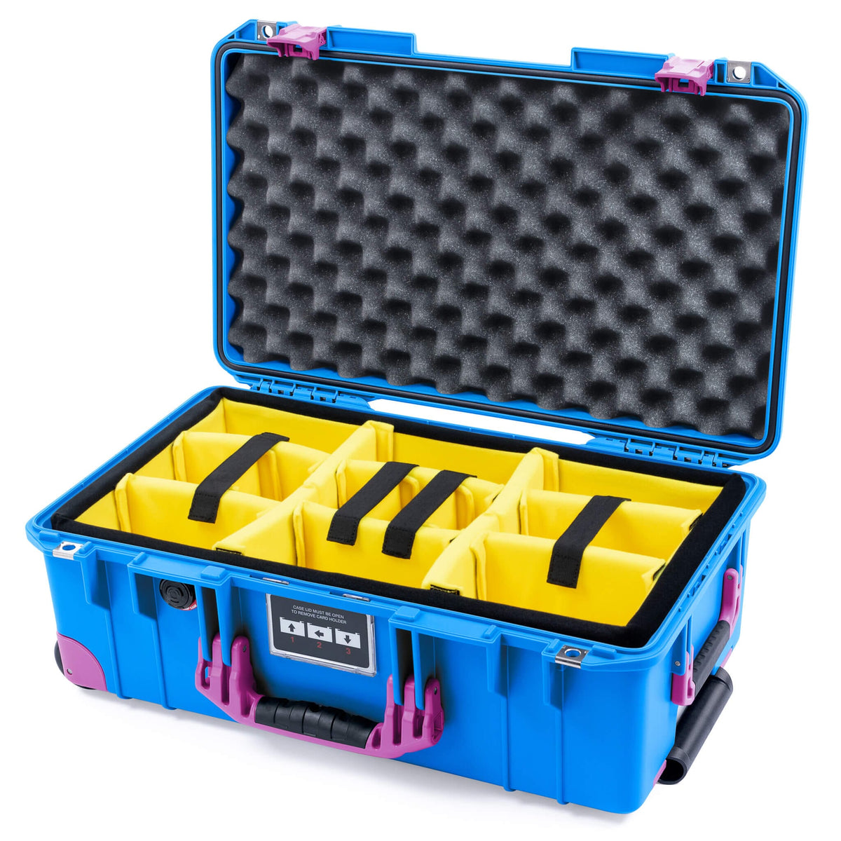 Pelican 1535 Air Case, Electric Blue with Magenta Handles, Latches &amp; Trolley Yellow Padded Microfiber Dividers with Convoluted Lid Foam ColorCase 015350-0010-120-401-400
