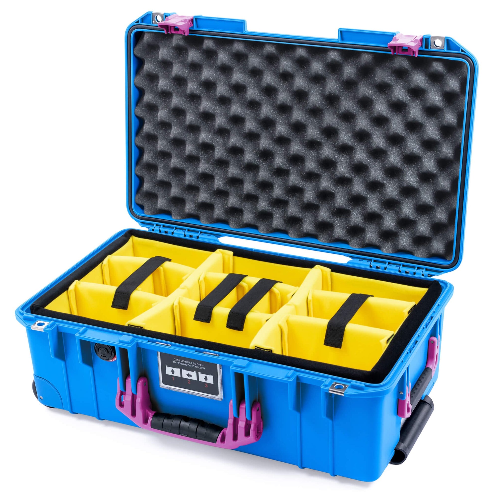 Pelican 1535 Air Case, Electric Blue with Magenta Handles & Latches Yellow Padded Microfiber Dividers with Convoluted Lid Foam ColorCase 015350-0010-120-401