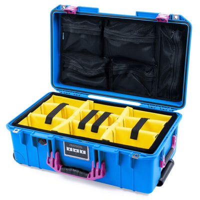 Pelican 1535 Air Case, Electric Blue with Magenta Handles & Latches Yellow Padded Microfiber Dividers with Mesh Lid Organizer ColorCase 015350-0110-120-401