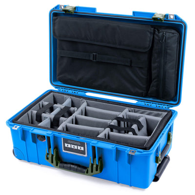 Pelican 1535 Air Case, Electric Blue with OD Green Handles & Latches Gray Padded Microfiber Dividers with Laptop Computer Lid Pouch ColorCase 015350-0270-120-131