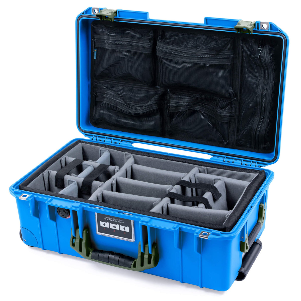 Pelican 1535 Air Case, Electric Blue with OD Green Handles &amp; Latches Gray Padded Microfiber Dividers with Mesh Lid Organizer ColorCase 015350-0170-120-131