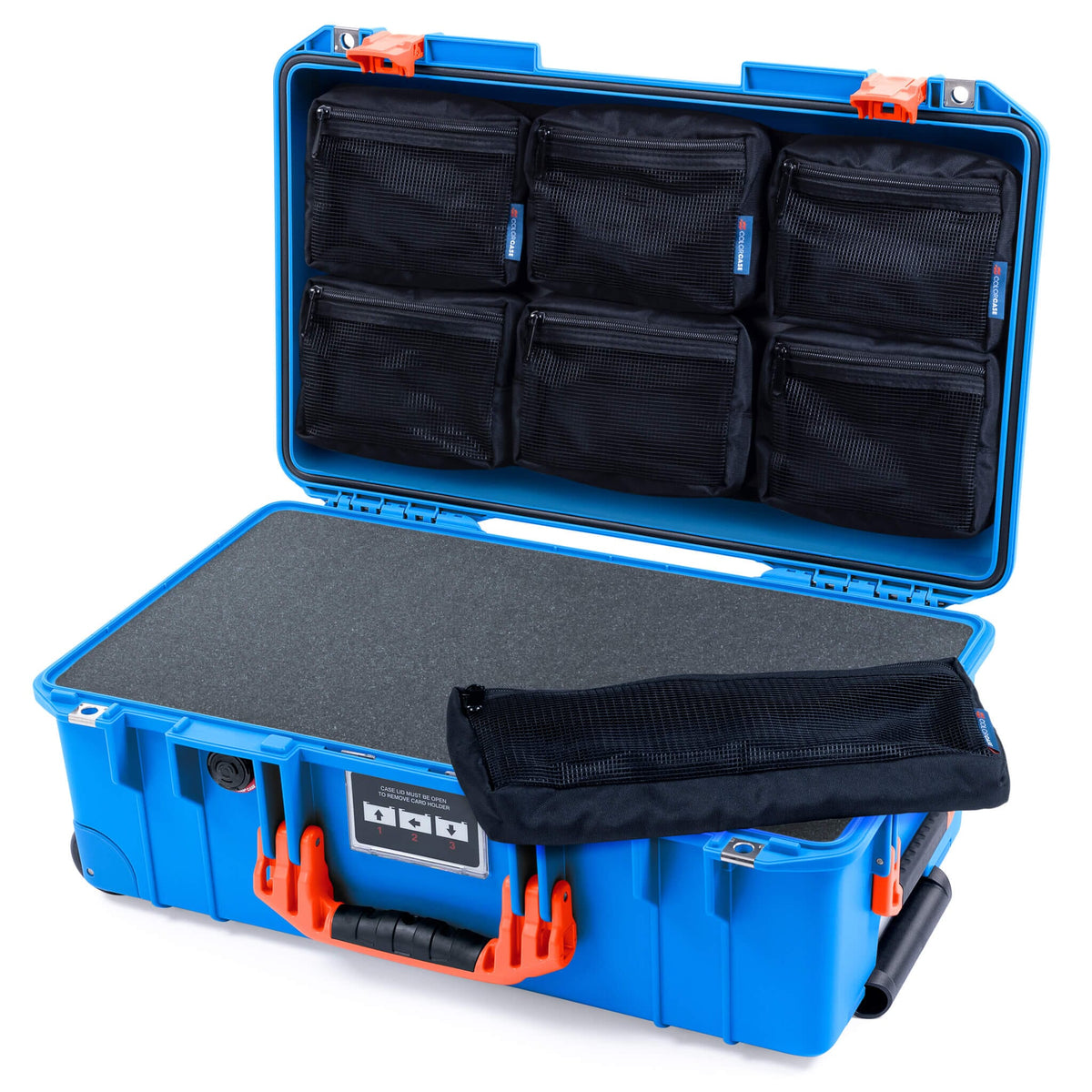 Pelican 1535 Air Case, Electric Blue with Orange Handles &amp; Latches Pick &amp; Pluck Foam with 7-Piece Removable Mesh Pouches ColorCase 015350-0701-120-151